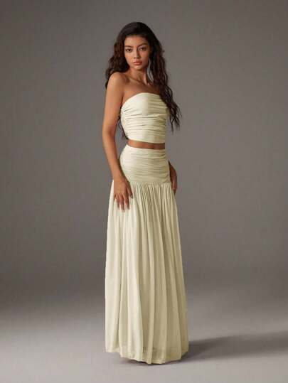 TRNVIE Set de 2 piezas para mujer con top tipo bandeau de malla rosa romántico y falda larga plisada de malla de cintura alta, conjunto vacacional para primavera/verano