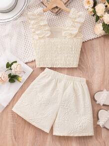 SHEIN Conjunto de 2 piezas para niñas preadolescentes: Top de tirantes con textura y borde de volantes + pantalones cortos