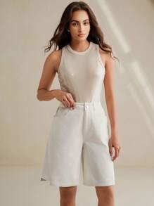 Anewsta Short recto suelto con diseño bordado blanco suelto independiente colgante para la primavera/verano de las mujeres - Blanco - Ver 6