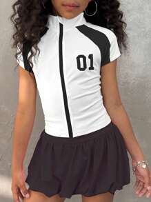 Coolane Kids Tween Girls Spring/Summer Y2k Summer 3 Colors Blocking Slim Fit Short Sleeve T-Shirt With Front Zipper And Stand Collar Fall Winter