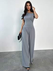 Firerie Women's Elegant Casual Commuting Business Off The Shoulder Outfit, Includes Asymmetric Shoulder Grey Short Sleeve Fitted T-Shirt And Loose Wide Leg Knit Pants Set, Suitable For Summer, Business Casual, Fall, Back To School, Office, Airport, Travel - Grey - View 7