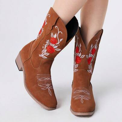 Women's New Embroidered Cowgirl Boots Western Style, Versatile Square Toe