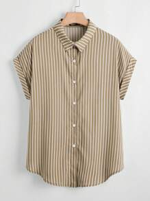SHEIN LUNE Plus Size Casual Minimalist Loose Striped Short Sleeve Shirt - Mocha Brown - View 1