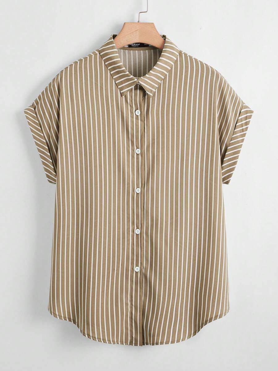 SHEIN LUNE Plus Size Casual Minimalist Loose Striped Short Sleeve Shirt - Mocha Brown - View 1