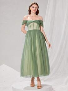 Poshira 露肩人字形接缝夏季网眼拼接高端宴会晚礼服，优雅社交名媛奢华礼服奢华女士晚礼服柔软礼服，派对礼服，舞会礼服