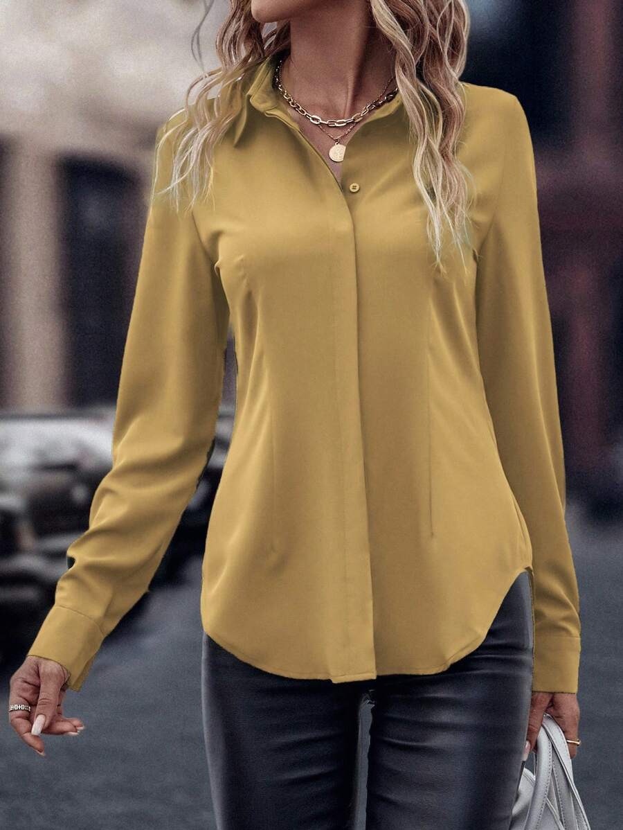 SHEIN Clasi Solid Curved Hem Shirt - Mustard Yellow - View 1