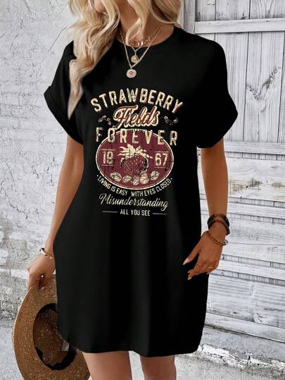 INAWLY Vestido camiseta casual de mujer con cuello redondo, manga corta y estampado de letras para el verano