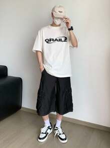 SHEIN 青少年男孩时尚休闲 Y2K 复古旧钱水洗工装口袋舒适透气宽松工装牛仔短裤，适合儿童日常穿着，柔软舒适，适合春夏、春夏派对、海滩、秋季返校季穿着，复古街头朋克风格 - 黑色 - 查看 7