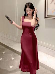 纯色露肩网纱中长连衣裙，红色女士礼服，适合舞会、圣诞节、新年等场合，优雅女士礼服，长款连衣裙 - 酒紅色 - 查看 3