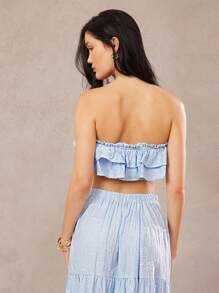 L'Amorae Elegant Vacation Contrast Embroidery Stitch Tier Ruffle Smocked Strapless Tube Top