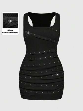 Grunge Punk Back To School Graduation Easter Dress Women Concert Nashville Music Festival Rock Rivet Rhinestone Strap Sleeveless Round Neck Low Cut Sexy Plus Size Women Kpop Vest Mini Dress Black Dress Rivet Dress