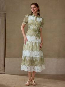 MOTF PREMIUM GREEN COLOR BLOCK HOLLOW OUT EMBROIDERED LACE PATCHWORK ELEGANT CASUAL VACATION EVERYDAY DRESS - Green - View 5