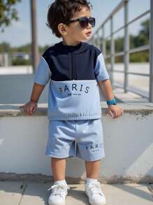 2 件套男婴字母印花撞色连帽夹克和短裤套装，适合春夏季室内外穿着 - 藍色 - 查看 1