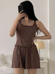 DAZY 2pcs Women's Comfortable Ditsy Floral Pajama Set - Coffee Brown - View 7