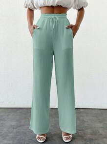 SHEIN PETITE Pantalones de pierna ancha de aspecto de lino de color beige sólido de cintura alta con cordón