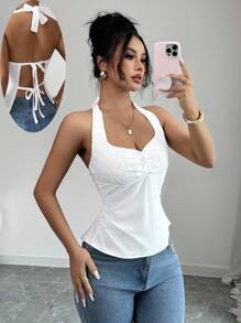 Chiquease French Style Knit White Halter Backless Tie-Up Contrast Lace Women's Summer Tank Top - White - View 2