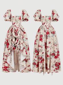 SHEIN MOD Váy Maxi Tay Phồng In Họa Tiết Cổ Điển Có Dây Rút Và Riềm Xếp Nếp Tinh Tế, Có Thể Điều Chỉnh Chiều Dài Viền Váy, Phong Cách Cung Điện Tuyệt Đẹp, Trang Phục Cho Ngày Hẹn Hò, Tiệc Tùng, Ngày Lễ, Tiệc Trà, Sinh Nhật - Nhiều màu - Xem 6