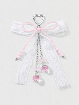 Kawaii 1pc Korean Style Handmade Adorable Beaded Pink Seed Bead, White Lace Bow, Resin Strawberry Pendant Keychain/Bag Charm, Versatile Accessory For Women, Gift Idea