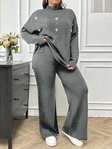 SHEIN Cottnline Women's Pearl Beaded Knit Sweater 2pcs/Set - Light Grey - View 4