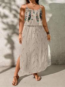 SHEIN LUNE 大码夏日度假金色羽毛印花连衣裙