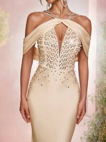 Glamrae Elegante y lujoso vestido de sirena de punto de elastano con destellos de rhinestone, apropiado para bodas, fiestas, vacaciones, bailes de graduación y eventos de noche (con adornos pesados)