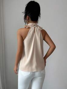 Balvessa Women's Elegant Camel Halter Top With Ruffle Detail And Sleeveless Design - Camel - View 2