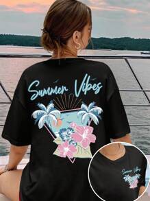 INAWLY 女士休闲宽松落肩 T 恤，带有热带植物和字母印花，适合夏季和假日 - 黑色 - 查看 1