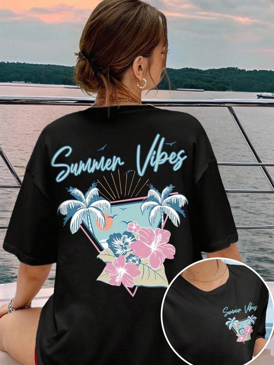 INAWLY 女士休闲宽松落肩 T 恤，带有热带植物和字母印花，适合夏季和假日 - 黑色 - 查看 1