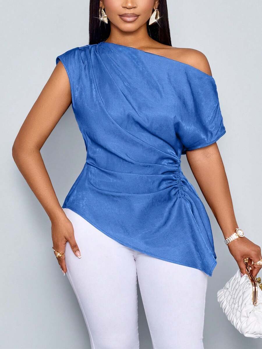 SOLERSUN 女式新款简约优雅牛仔蓝仿牛仔不对称领口褶皱侧抽绳褶皱衬衫