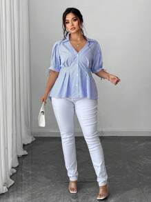 SHEIN Unity Plus Size Woven Short Sleeve Casual Commuting Striped Shirt - Blue - View 3