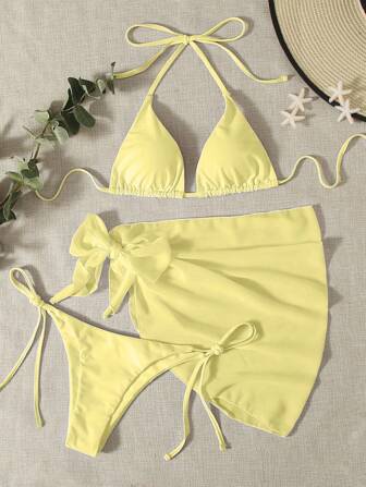 Swim Mod 3pcs Bikini Swimsuit Set: Triangle Top, Side-Tie Bottom, And Skirt For Summer Beach Vacation
