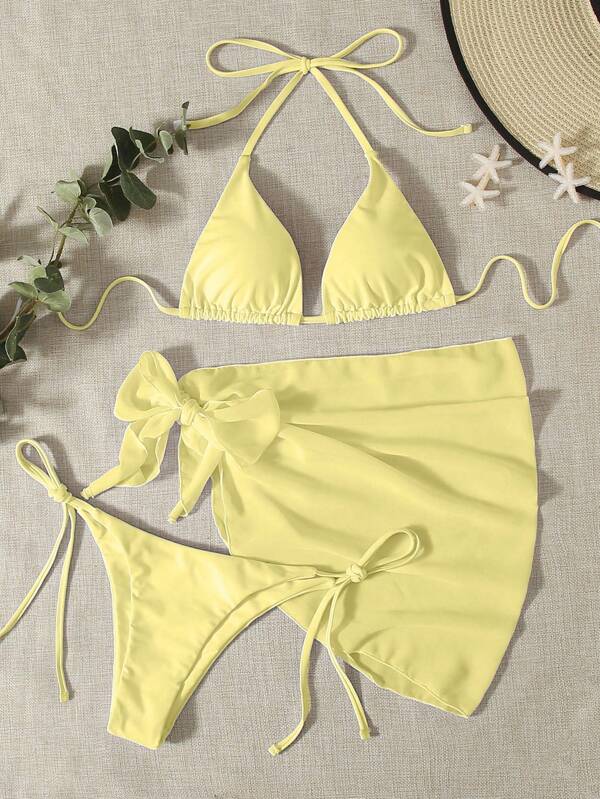 Swim Mod 3pcs Bikini Swimsuit Set: Triangle Top, Side-Tie Bottom, And Skirt