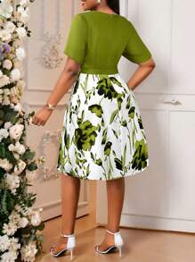 SHEIN Lady Spring And Summer Elegant Commuting Office Casual Boho Woven Knitted Round Neck Flared Belted Midi Short Sleeve Plus Size Dresses Summer Outfits For Women Summer Dresses For Women Office Outfits For Women Vacation Dress Women Clothing Summer