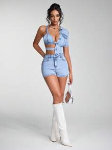 SHEIN ICON 女式性感镂空不对称修身牛仔连体衣，夏季 - 藍色 - 查看 6