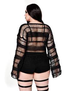 SHEIN Whyspr Plus Goth Punk Hollow Out Knit Pullover Sweater, Cool Summer And Autumn New Style Knit Pullover Fall Winter - Black - View 2