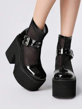 Grunge Punk Fashionable Women High Heel Platform Hollow Out Ankle Boots