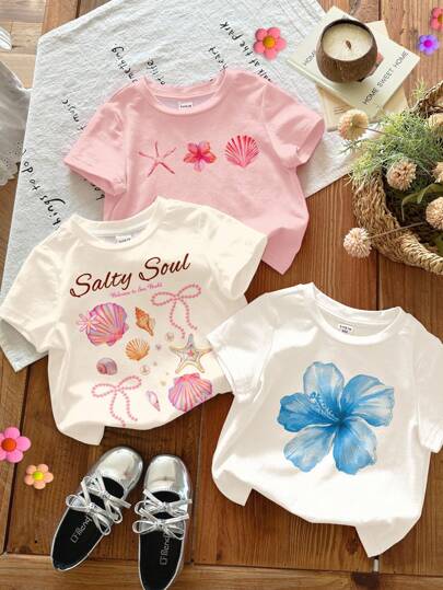 SHEIN 3pcs Baby Girls Casual Tropical Floral, Hibiscus, Seashell, Starfish Print Round Neck Short Sleeve T-Shirts, Suitable For Spring/Summer, White, Beige, Light Pink