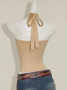 SHEIN ICON Top corto de halter de encaje con apliques de rhinestone y cierre de cordones, top bandeau sexy que se ajusta a la figura