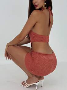 Aloruh Vestido mini con escote trasero sin espalda, decoración de lentejuelas huecas tipo concha, tirantes halter, de tejido de punto, color naranja-marrón, adecuado para primavera y verano de vacaciones