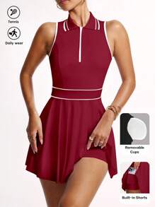 Easithlete Rochie sport fără mâneci cu guler parțial cu fermoar și pliuri în dungi pentru femei