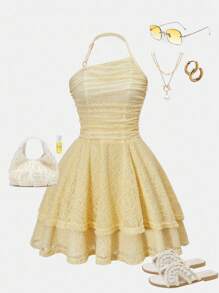 Lunivi Teen Girls Casual Spaghetti Strap Ruffled Snug Fit Dress, Suitable For Beach Vacation & Banquet