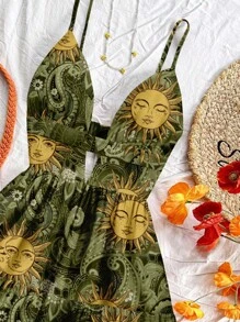 Soleia 休闲度假风格绿色太阳神佩斯利和腰果图案女士休闲度假 V 领镂空露背荷叶边下摆迷你连衣裙，适合夏季度假