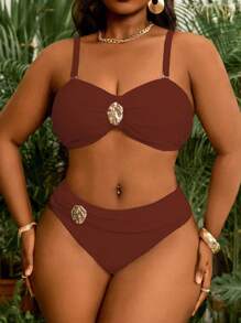 Slaydiva New Plus Size Women Bandeau Two Pieces Bikini Set, White Removable Strap Triangle Swimwear For Summer Beach Vacation - Brown - View 4