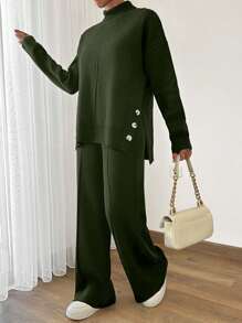 EURMUSE Damen asymmetrischer und knopf-detaillierter Saum Rollkragenpullover und Pullover-Hose Zweiteiler Outfit Co-Ords