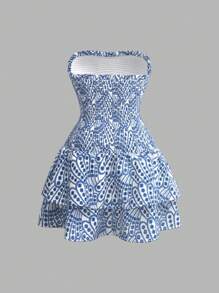 SHEIN MOD 大码蓝白刺绣迷你连衣裙，适合度假、约会、优雅 - 藍白色 - 查看 2