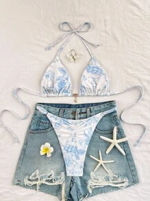 SHEIN 2pcs/Set Random Color Print Side Knot High-Cut Bikini Bottoms, Holiday Beach Swimwear Set For Women For Summer Beach Vacation - Multicolor - View 3