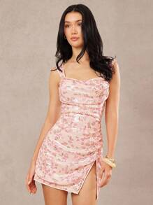 L'Amorae 女式碎花印花亮片迷你连衣裙，后背系带细节，春夏迷你连衣裙