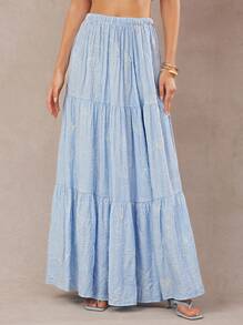 L'Amorae Elegant Vacation Tiered Ruffle Flouncy Maxi Skirt - Blue - View 4