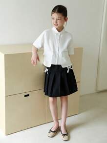 SHEIN Tween Girls' Summer Casual Solid Color T-Shirt With Bow Decor And Pleated Skirt Set - White - View 3