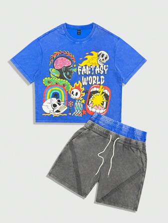 Street Life Conjunto de camiseta de manga corta con estampado de esqueleto y dibujos animados, y pantalones cortos con cordón en la cintura de color contrastante para hombre